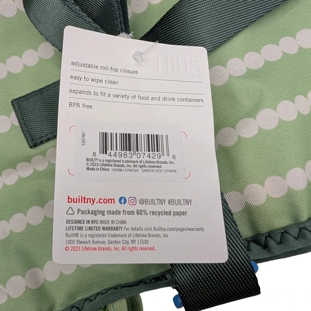 BUILT Crosstown Lunch Bag Green Dot Stripe Insulated Crossbody Strap lunchbox